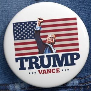 TRUMP VANCE 2024 Fist Pump Election Button: American Flag Maga Pin