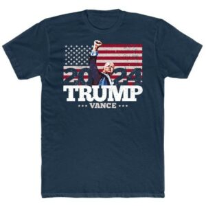 TRUMP VANCE 2024 Fist Pump T Shirt for Men & Women • USA Flag Maga Graphic Tee • 100% Cotton Crew Tee • Dark Navy Blue