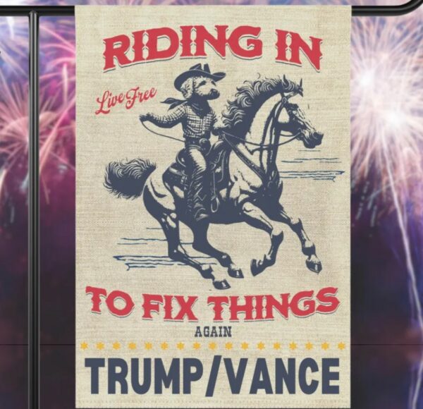 TrumpVance 2024 Election Yard Flag Save America Retro Western Republican GOP Rally Banner MAGA Garden Flag for Conservative Dog Lovers1