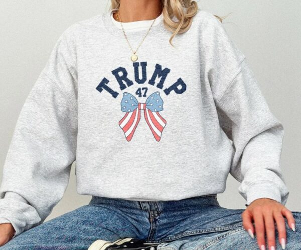 Coquette Trump 47 Sweatshirt Preppy Varsity MAGA Sweater American Flag Republican Crewneck Cute Patriotic Bows Sweatshirt Conservative Gift1