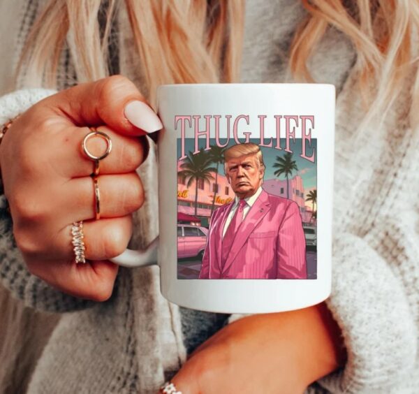 Pink Miami Vice Style THUG LIFE TRUMP 2024 - 11 Ounce Coffee Mug - Trump Supporter Coffee Mug - Donald Trump Pink Suit - Badass Trump1