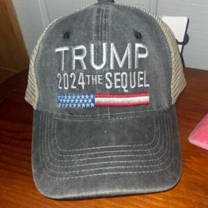 Trump 2024 Sequel Trucker Hat,Trump baseball cap, Unisex,Patriotic Apparel,America,USA,Red, white and blue,Denim Trump Cap,Distressed Gray2