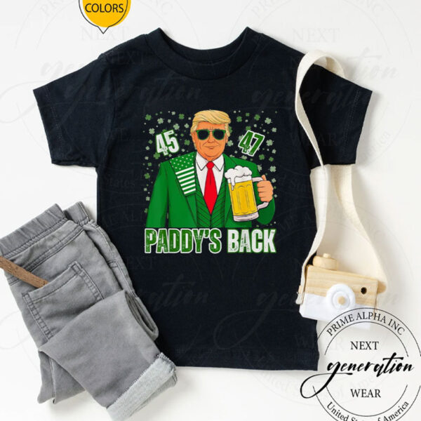 Funny Trump Paddy's Back 45 47 St Patricks Day USA Flag T-Shirt